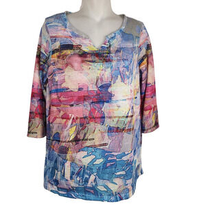 FDJ French Drssing Jean Women Top Kaleidoscope Print Small 3/4 Sleeve Notch Neck